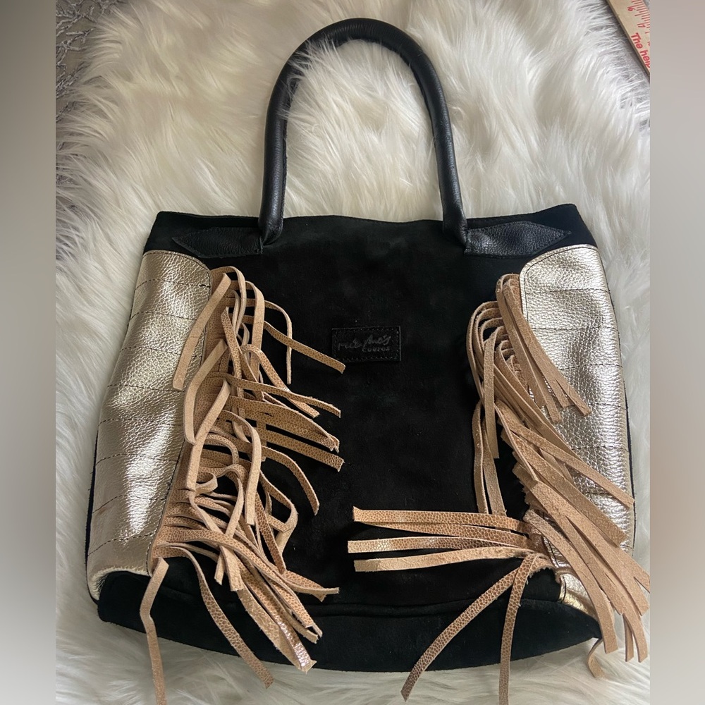 Suede Black and Gold Tote with Tan Fringe